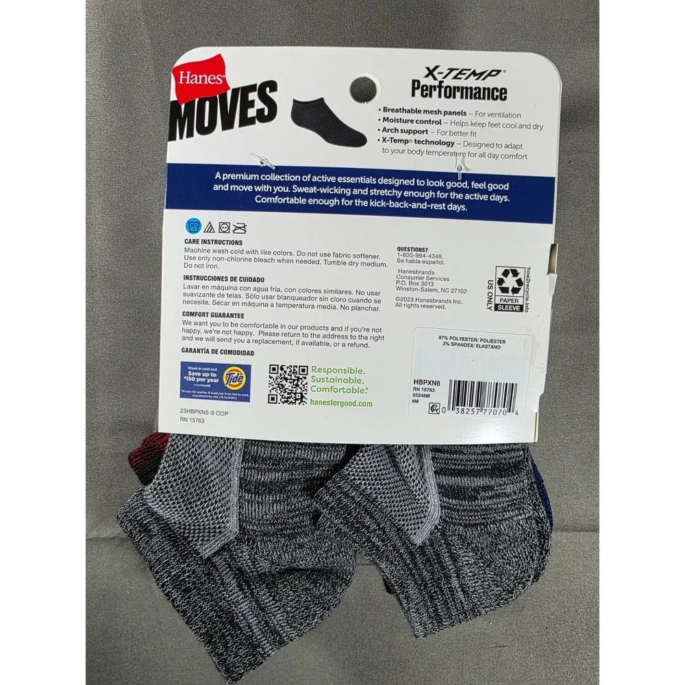 Hanes Moves Youth Boys' X-Temp Performance 6-Pack No‎ Show Socks Size 3-9